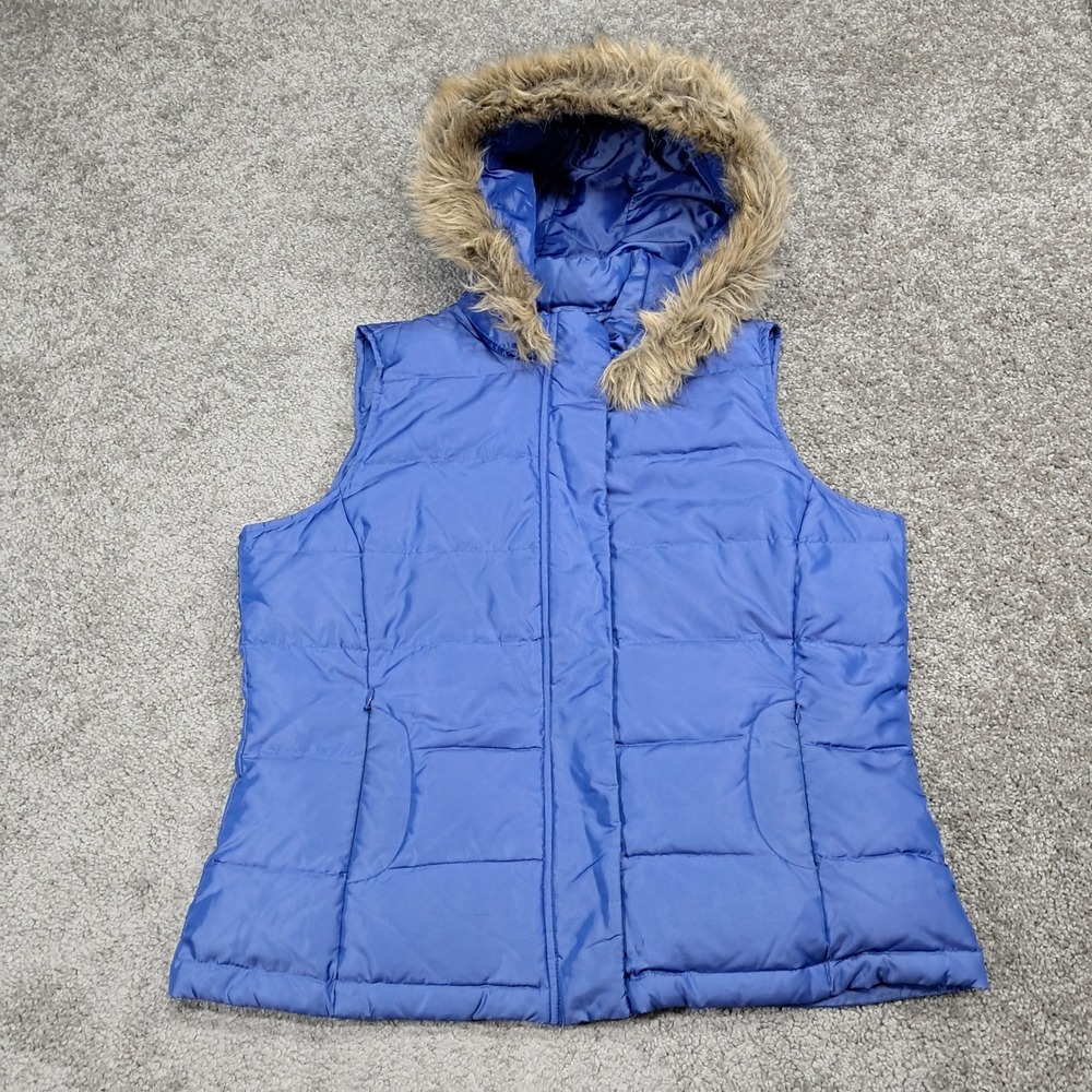 Talbots Petites Blue Down Puffer Vest Faux Fur Trim Hood Medium Petite